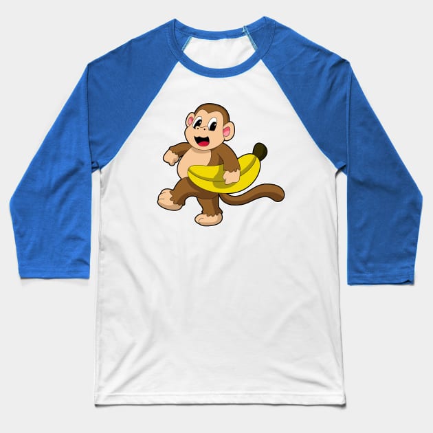 Monkey at Running with Banana Baseball T-Shirt by Markus Schnabel